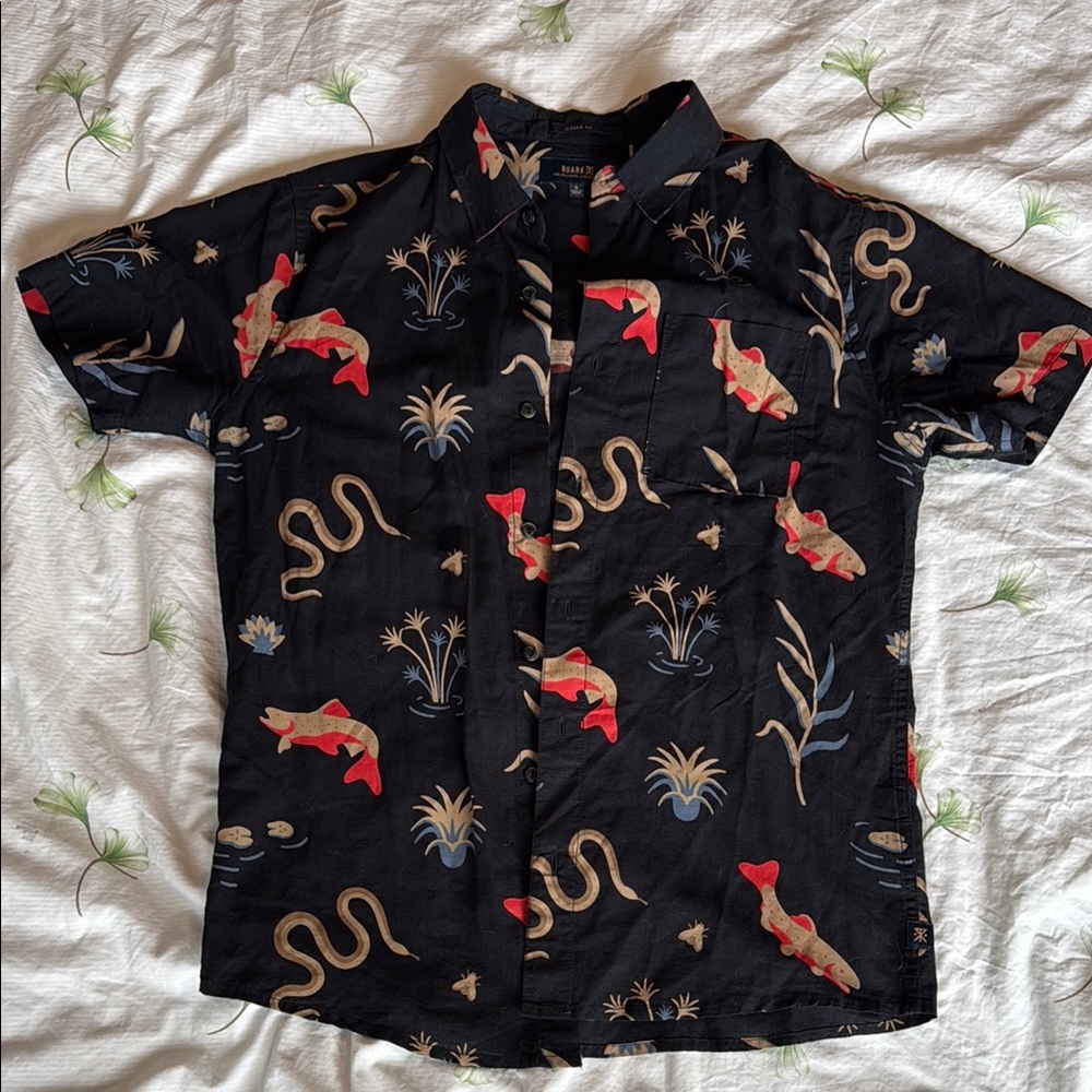 Roark Black and Red Casual Button Down Linen Shirt with fish design